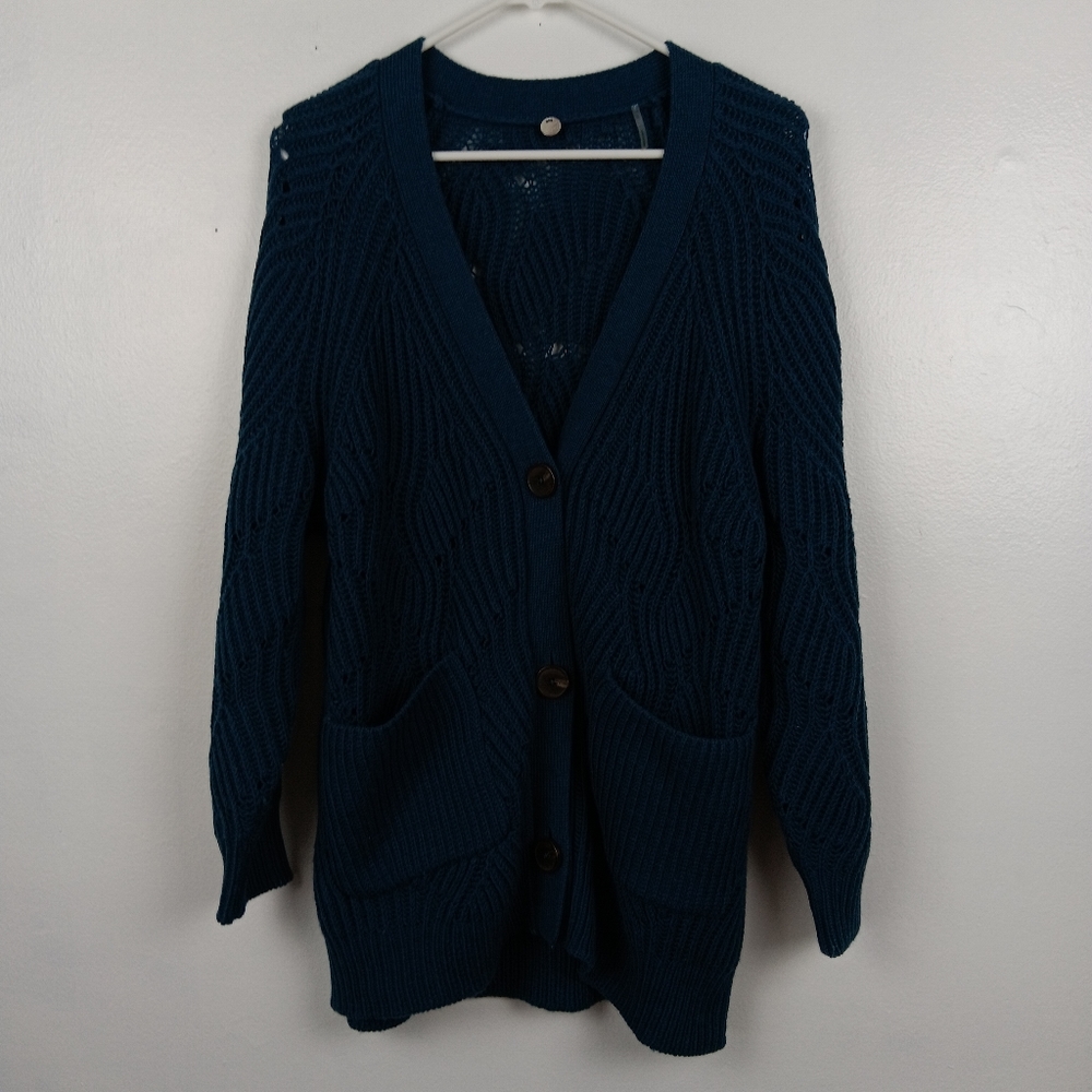 Margaret O'leary‎ Merino Wool Teal Grandpa Open Knit Cardigan Size XS Oversized